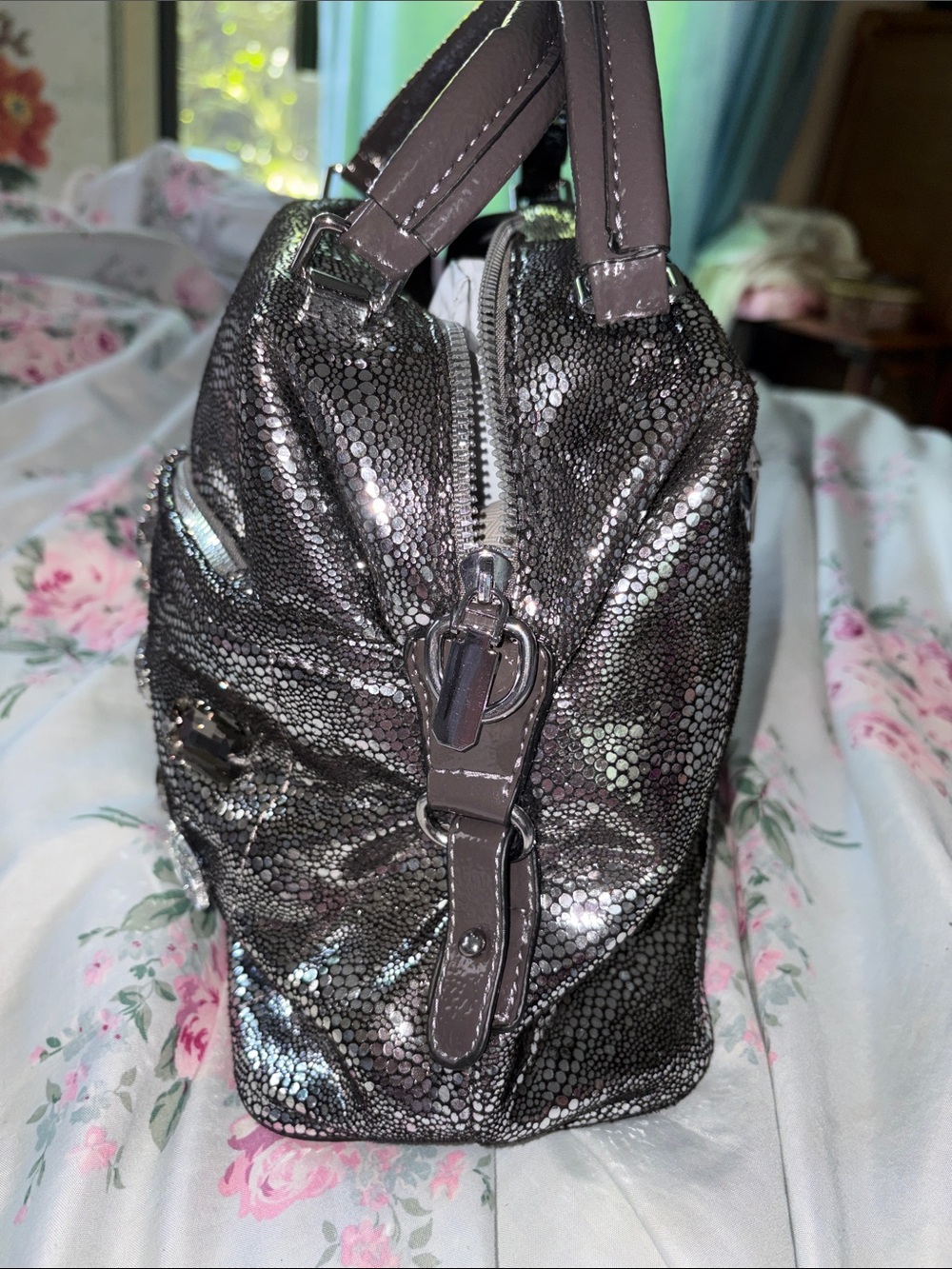 Women's Jeweled Metallic Satchel Handbag - Silver - Picture 5 of 12